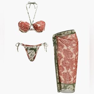 NWT! Commense Floral Bikini Set with Sarong - Red and Green